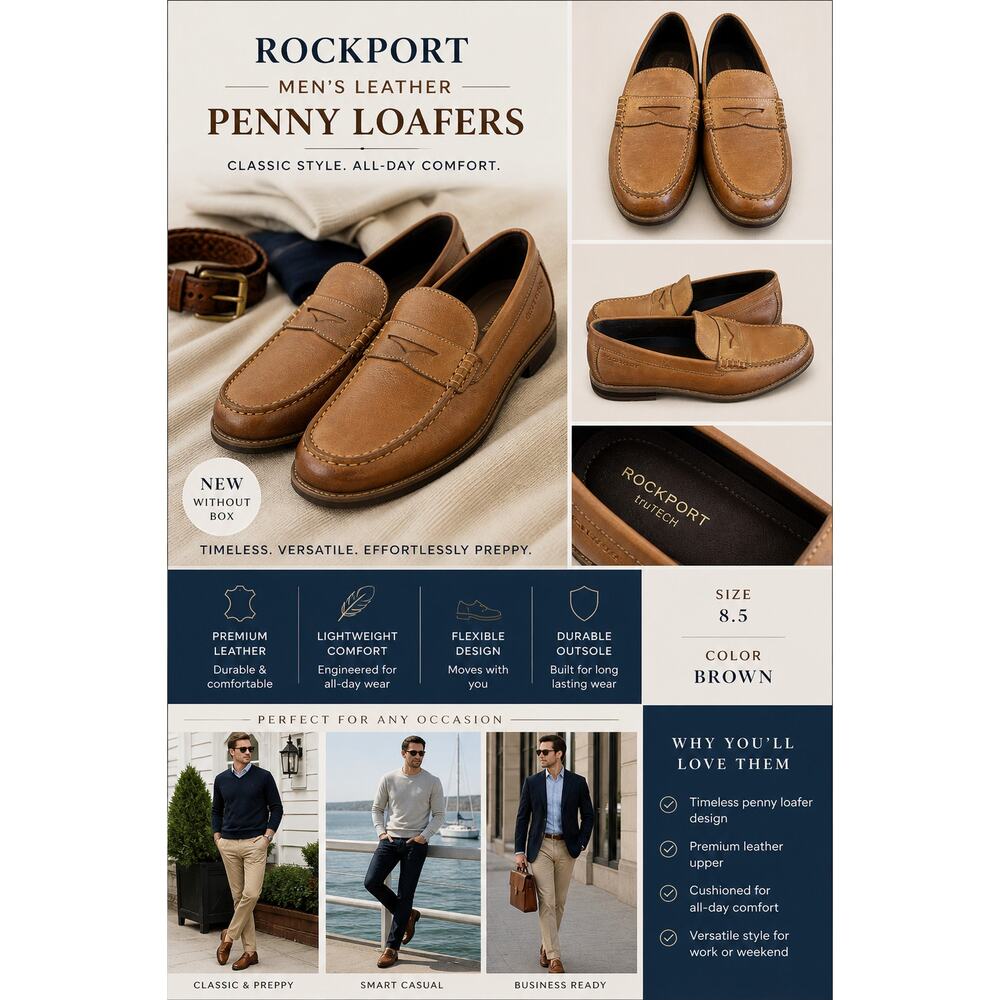 Rockport Mens Leather Penny Loafer Brown SZ 8.5M Classic Preppy